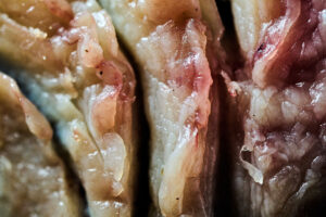 Dettaglio ravvicinato di carne cruda con venature e tessitura naturale