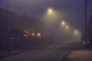 Pianura Padana con la nebbia, fotografia di Stefano Delia Strada della Pianura Padana immersa nella nebbia con lampioni accesi al crepuscolo
