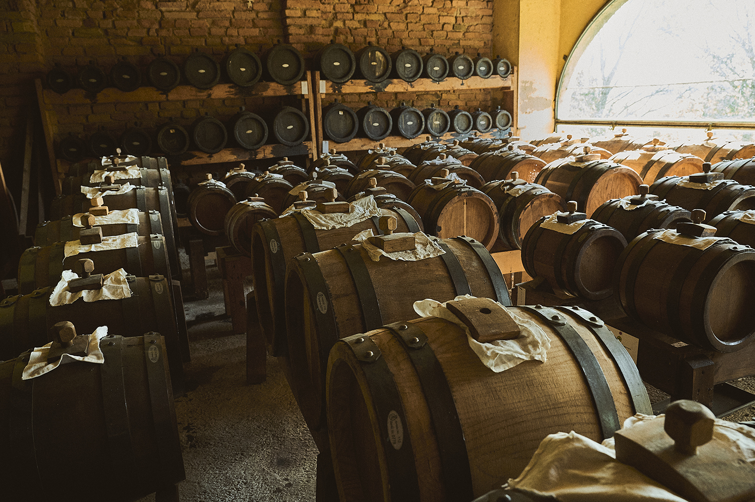 Botti di legno con riserva di Aceto Balsamico Tradizionale di Reggio Emilia presso l’Acetaia San Giacomo, foto di Stefano Delìa