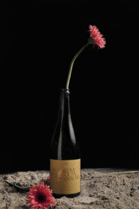 Bottiglia di vino Straccia Brache Malerba con fiore rosa, pairing della cena Se Carne Questa Carne