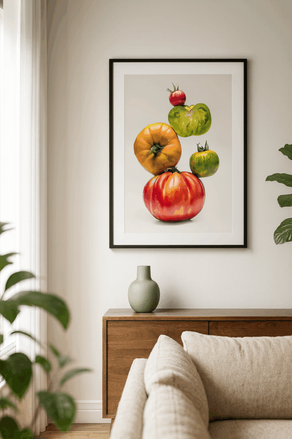Stampa fotografica fine art con composizione di pomodori di diverse varietà e colori, appesa in un salotto moderno